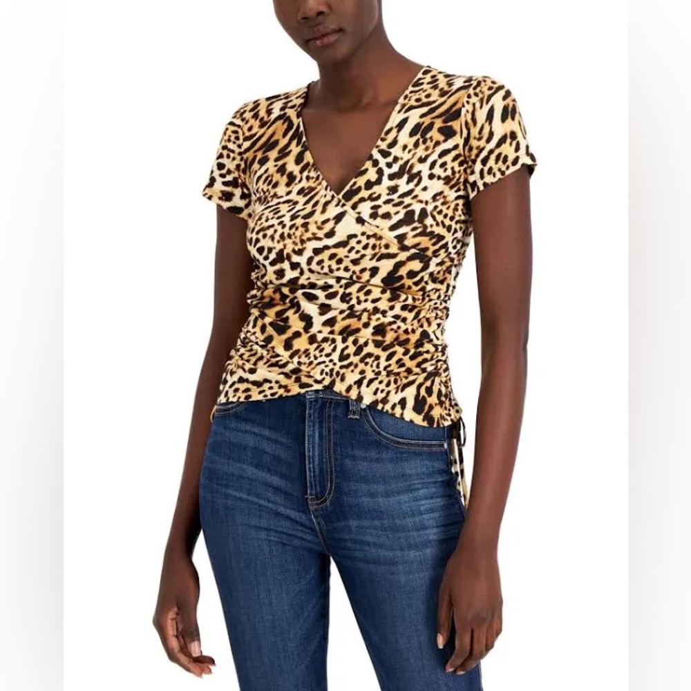 (M:NWT) $34.50|INC Cotton Surplice Side-Tie Tee, Caterina Cheetah